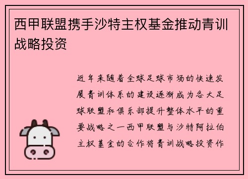 西甲联盟携手沙特主权基金推动青训战略投资